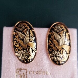 CREDAN S A SPAIN‎ Damascene Clip Earrings 24 18 Carat Gold Birds Flowers Oval